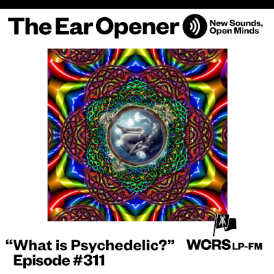 A human figure in a fetal position, listening to ear buds, surrounded by a kaleidoscopic space.